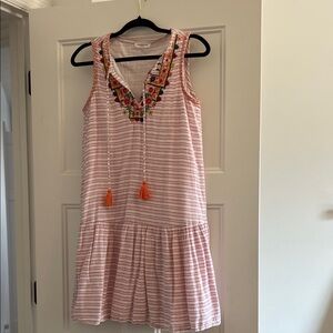 Sleeveless Pink Stripe Embroidered Tassel Summer Dress